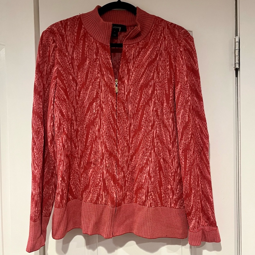 Vintage St. John Pink Red Knit Jacket Women's Size M Sweater Zip Luxury - Picture 1 of 6